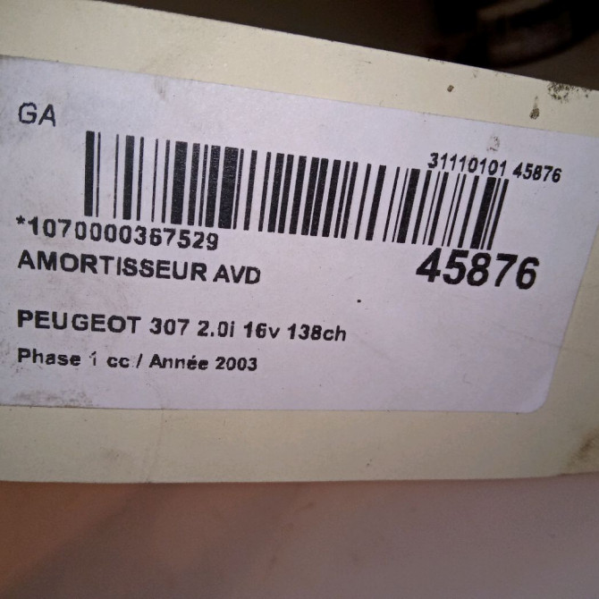 Amortisseur avant droit occasion PEUGEOT 307 Phase 1 04-2001->06-2005 2.0i 16v 138ch 5202CZ 5