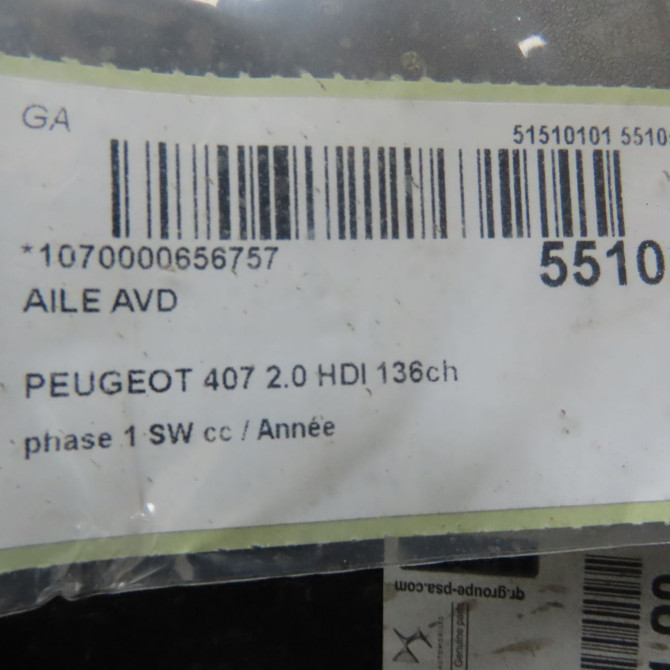 Aile avant droite occasion PEUGEOT 407 phase 1 SW 07-2004->07-2008 2.0 HDI 136ch 7841Q9 4