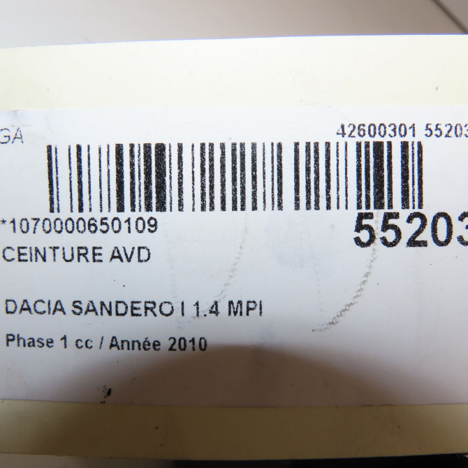 Ceinture avant droite occasion DACIA SANDERO I Phase 1 06-2008->10-2012 1.4 MPI 75ch 8200934801 8