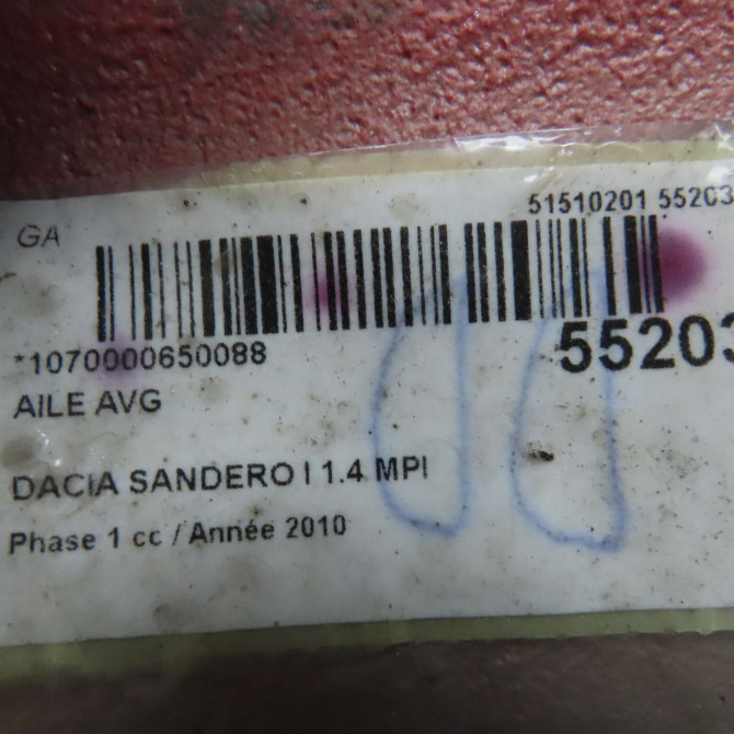 Aile avant gauche occasion DACIA SANDERO I Phase 1 06-2008->10-2012 1.4 MPI 75ch 631017245R 8