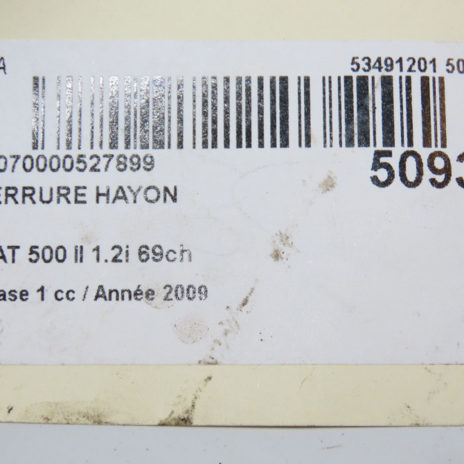 Serrure hayon occasion FIAT 500 II 500 II Phase 1 2007-07-01->2016-03-31 1.2i 69ch 52161765 5