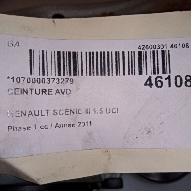 Ceinture avant droite occasion RENAULT SCENIC III Phase 1 04-2009->11-2011 1.5 DCI 110ch 868843307R 4