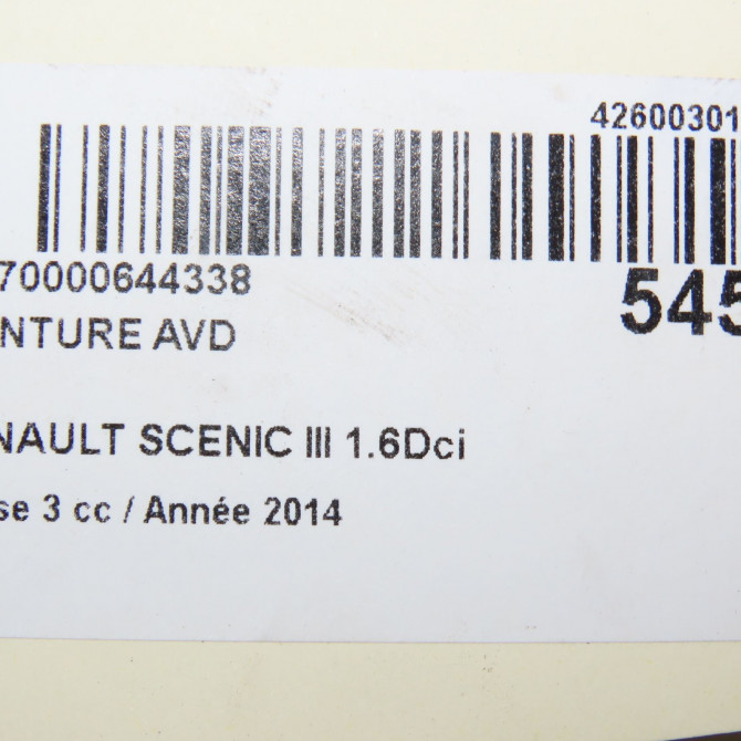 Ceinture avant droite occasion RENAULT SCENIC III Phase 3 04-2013->... 1.6Dci 130ch 868843307R 7