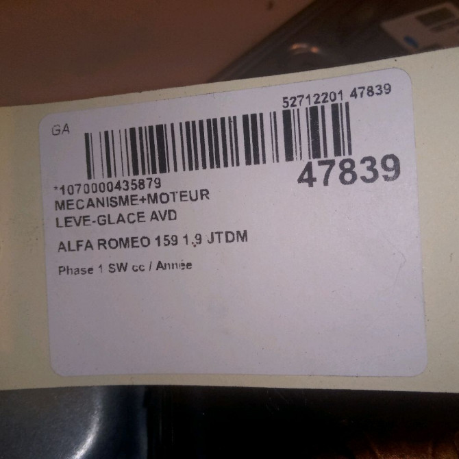 Mecanisme + moteur lève-glace avant droit occasion ALFA ROMEO 159 Phase 1 04-1995->04-1999 1.9 JTDM 150ch 71740121 8