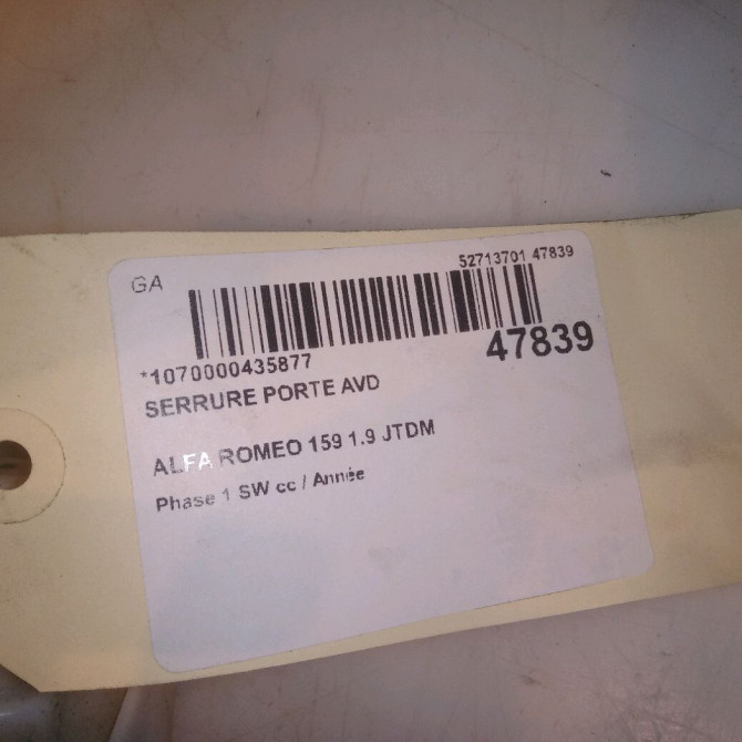 Serrure porte avd occasion ALFA ROMEO 159 Phase 1 04-1995->04-1999 1.9 JTDM 150ch 50513051 7
