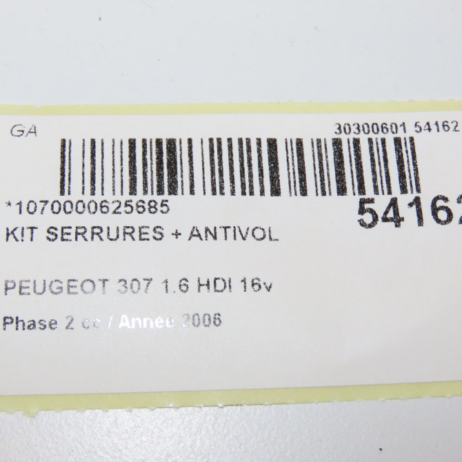 Kit serrures + antivol occasion PEUGEOT 307 Phase 2 06-2005->03-2008 1.6 HDI 16v 90ch 4162KG 6