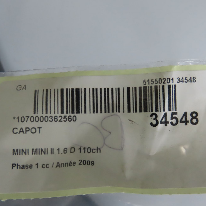 Capot occasion MINI MINI II Phase 1 09-2006->12-2010 1.6 D 110ch 41617318364 8