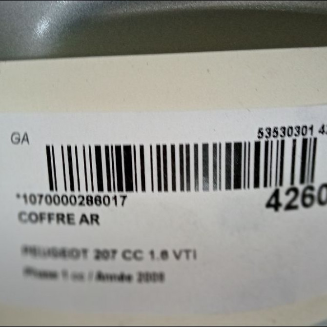 Coffre arrière occasion PEUGEOT 207 CC Phase 1 03-2007->... 1.6 VTi 120ch 9800118280 3