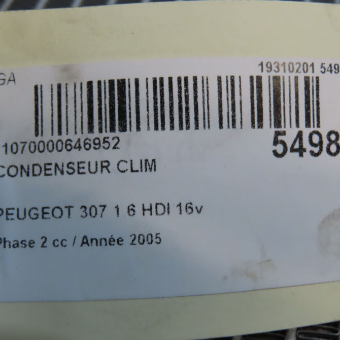Condenseur clim occasion PEUGEOT 307 Phase 2 06-2005->03-2008 1.6 HDI 16v 90ch 6455GH 4
