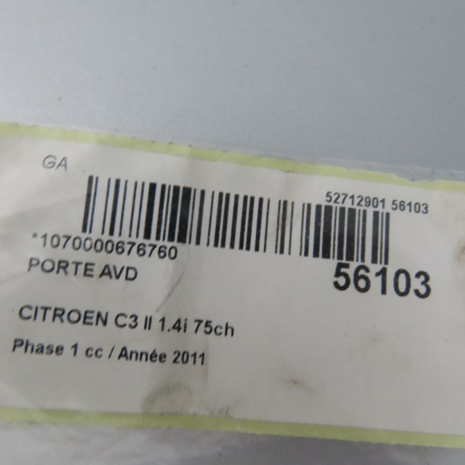 Porte avant droite occasion CITROEN C3 II Phase 1 11-2009->02-2013 1.4i 75ch 9004CG 5