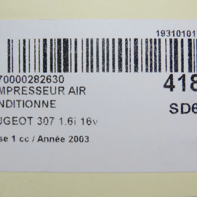 Compresseur air conditionne occasion PEUGEOT 307 Phase 1 04-2001->06-2005 1.6i 16v 6453LH 8