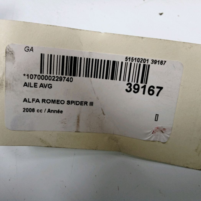 Aile avant gauche occasion ALFA ROMEO SPIDER III Phase 1 09-2006->12-2010 60688227 4