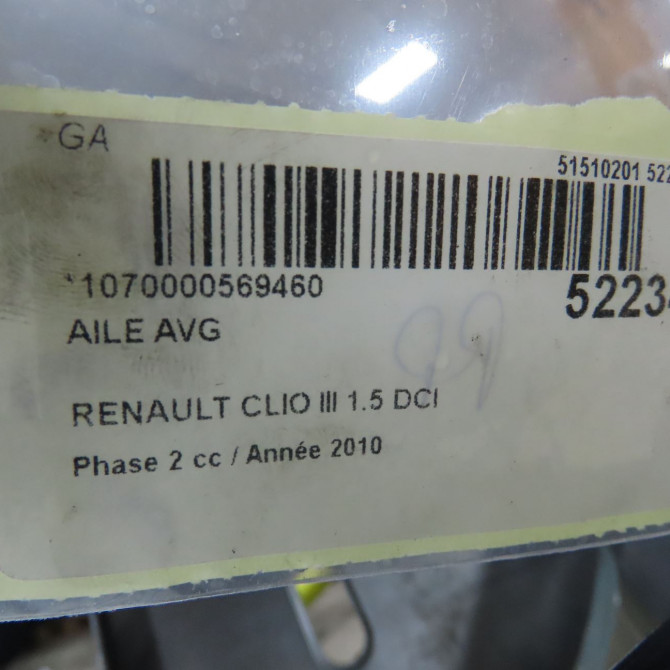 Aile avant gauche occasion RENAULT CLIO III Phase 2 03-2009->12-2014 1.5 DCI 85ch 7701476104 6