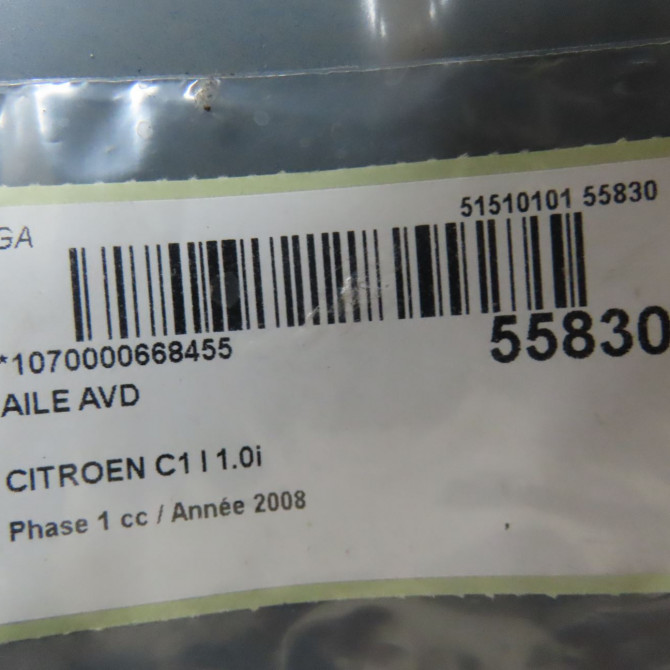 Aile avant droite occasion CITROEN C1 I Phase 1 06-2005->11-2008 1.0i 7841S8 5