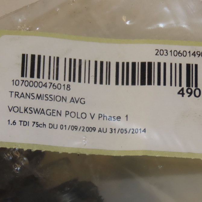 Transmission avant gauche occasion VOLKSWAGEN POLO V POLO V Phase 1 2009-09-01->2014-05-31 1.6 TDI 75ch 6R0407761A 6