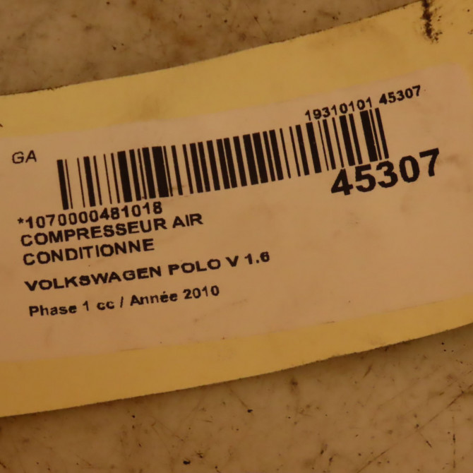 Compresseur air conditionne occasion VOLKSWAGEN POLO V POLO V Phase 1 2009-09-01->2014-05-31 1.6 TDI 90 5K0820803K 3