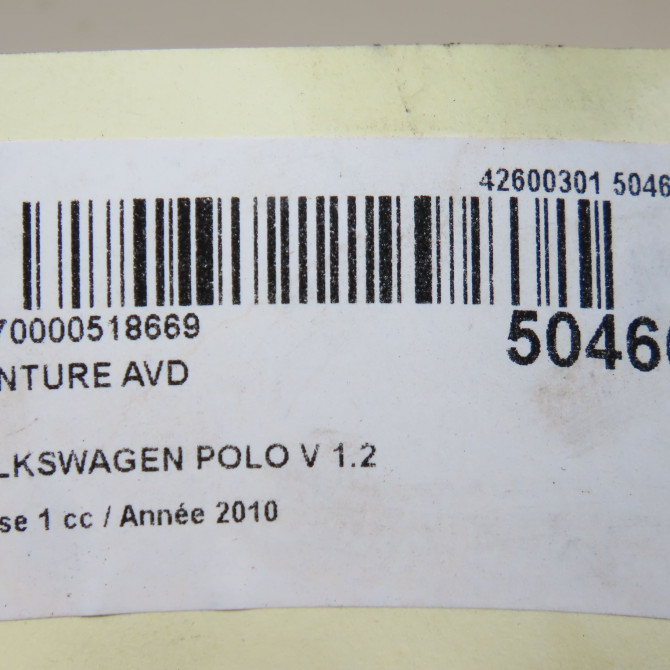 Ceinture avant droite occasion VOLKSWAGEN POLO V POLO V Phase 1 2009-09-01->2014-05-31 1.2 TDI 75ch 6R4857706ARAA 6