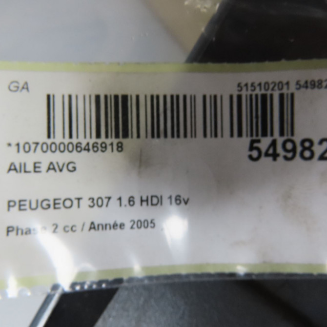 Aile avant gauche occasion PEUGEOT 307 Phase 2 06-2005->03-2008 1.6 HDI 16v 90ch 7840R0 4