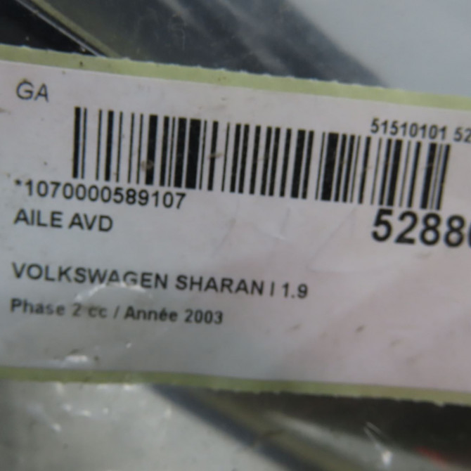 Aile avant droite occasion VOLKSWAGEN SHARAN I Phase 2 06-2000->12-2003 1.9 TDI 130ch 7M3821106K 6