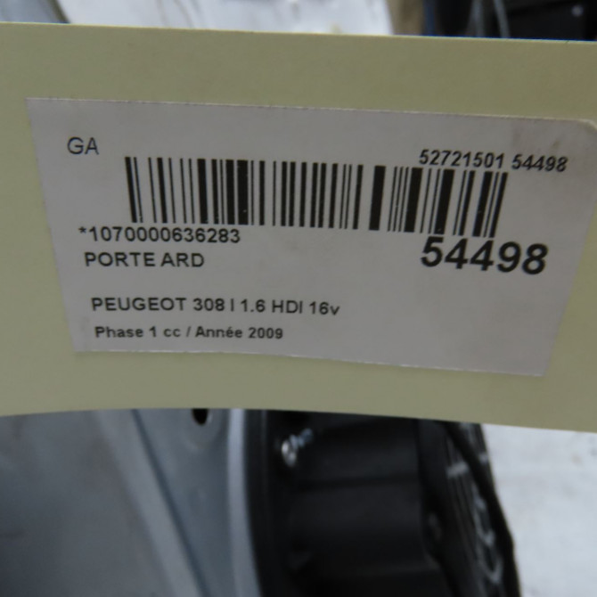 Porte arrière droite occasion PEUGEOT 308 I Phase 1 09-2007->03-2011 1.6 HDI 16v 90ch 9008S1 5