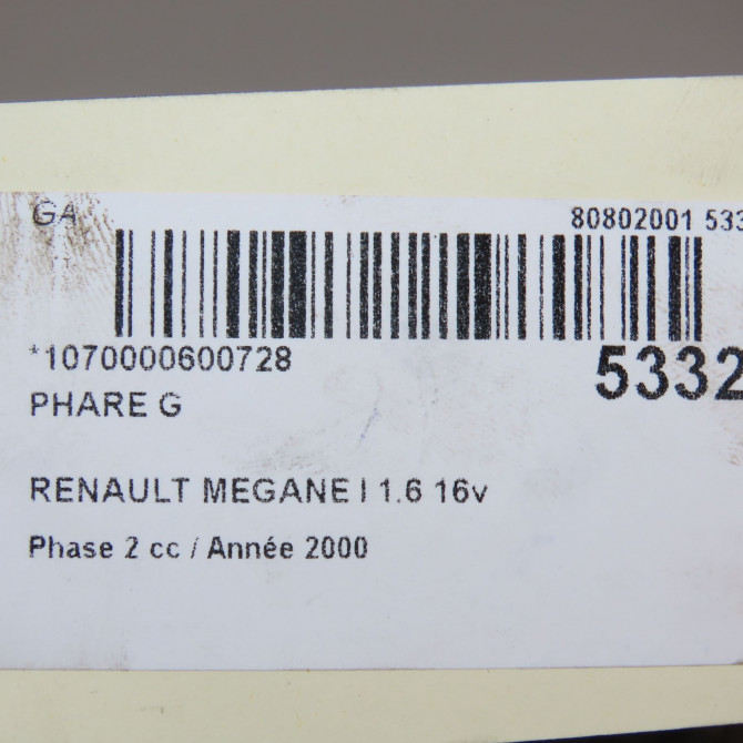 Phare gauche occasion RENAULT MEGANE I Phase 2 03-1999->06-2003 1.6 16v 260607124R 5