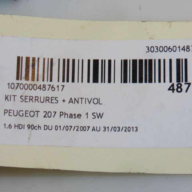 Kit serrures + antivol occasion PEUGEOT 207 Phase 1 SW 07-2007->03-2013 1.6 HDI 90ch 4162NY 4
