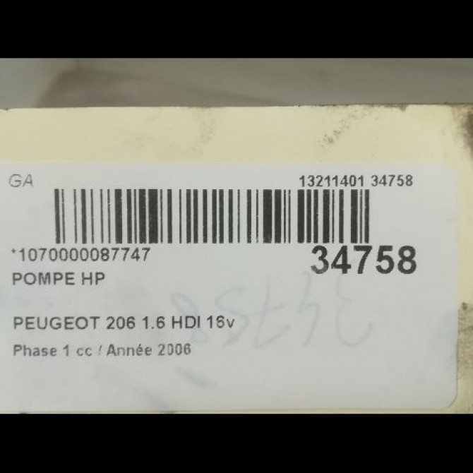 Pompe hp occasion PEUGEOT 206 Phase 1 09-1998->03-2009 1.6 HDI 16v 1920HT 5