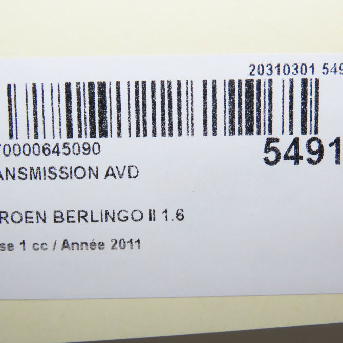 Transmission avant droite occasion CITROEN BERLINGO II Phase 1 05-2008->01-2012 1.6 HDI 16v 75ch 3273LP 5