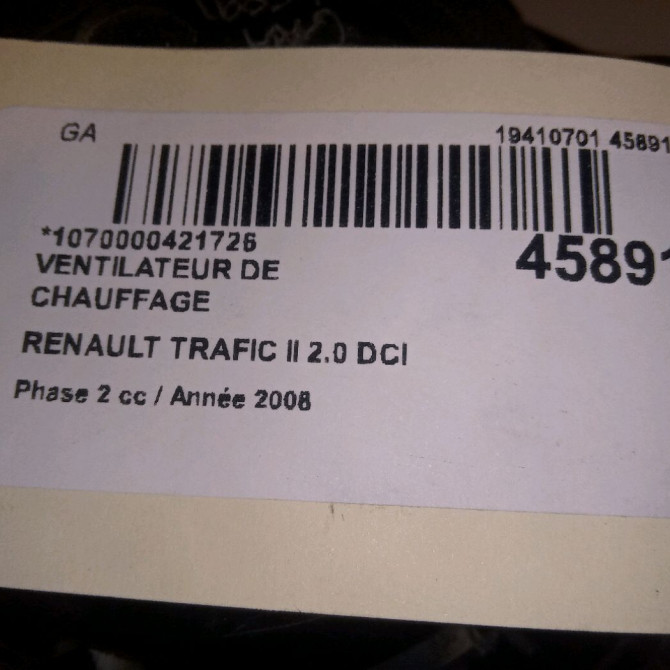 Ventilateur de chauffage occasion RENAULT TRAFIC II Phase 2 08-2006->... 2.0 DCI 16v 115ch 7701050310 5