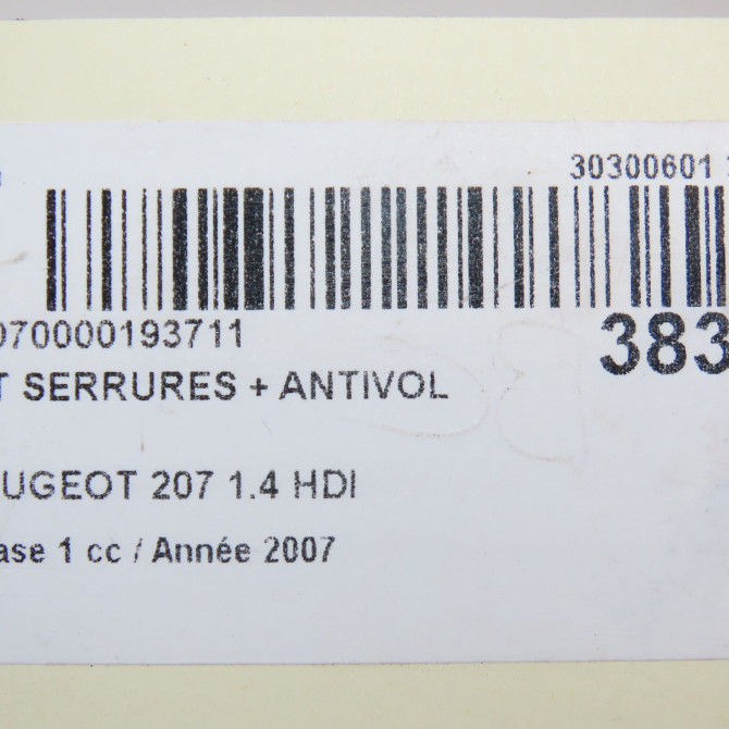Kit serrures + antivol occasion PEUGEOT 207 Phase 1 04-2006->06-2013 1.4 HDI 4162NV 6