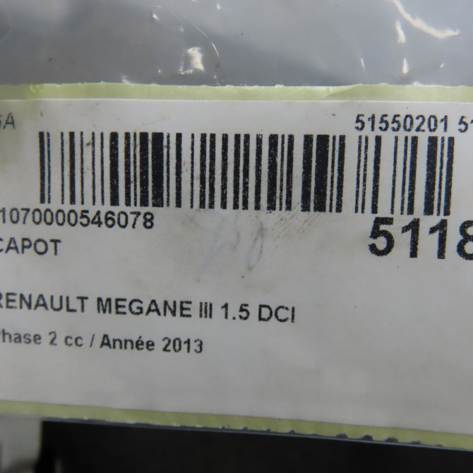 Capot occasion RENAULT MEGANE III Phase 2 01-2012->06-2014 1.5 DCI 110ch 651009018R 6