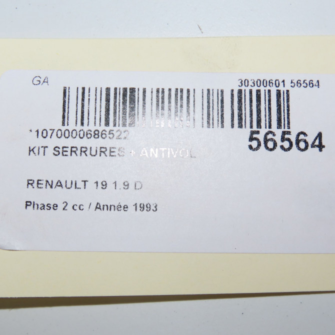 Kit serrures + antivol occasion RENAULT 19 Phase 2 04-1992->04-1997 1.9 D 8
