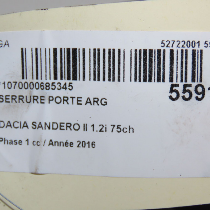 Serrure porte arg occasion DACIA SANDERO II Phase 1 10-2012->... 1.2i 75ch 825033585R 5