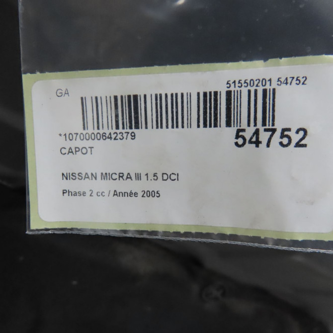 Capot occasion NISSAN MICRA III Phase 2 11-2005->11-2007 1.5 DCI 86ch F5100AX6MA 5