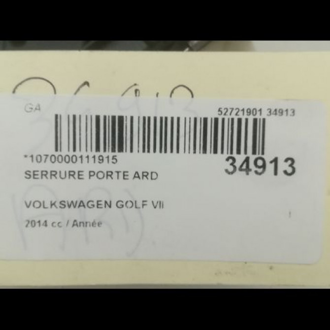 Serrure porte ard occasion VOLKSWAGEN GOLF VII GOLF VII Phase 1 2012-10-01->2017-06-30 5K4839016AG 5