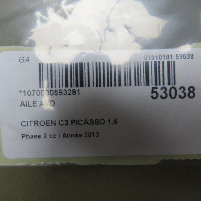 Aile avant droite occasion CITROEN C3 PICASSO Phase 2 09-2012->... 1.6 HDI 90ch 7841Z2 8