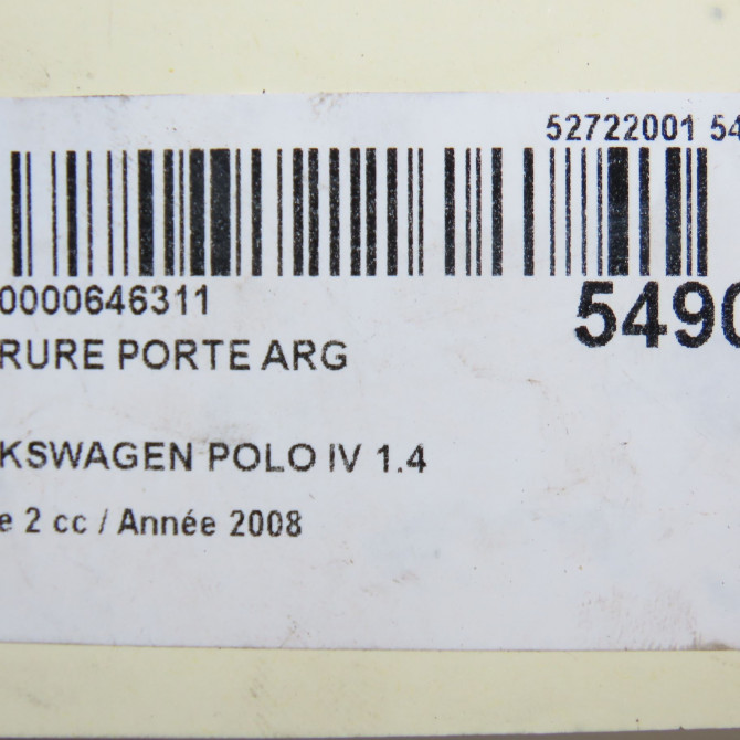 Serrure porte arg occasion VOLKSWAGEN POLO IV Phase 2 05-2005->09-2009 1.4 TDI 70ch 3B4839015AN 6