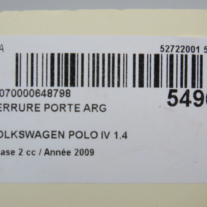 Serrure porte arg occasion VOLKSWAGEN POLO IV Phase 2 05-2005->09-2009 1.4 TDI 70ch 3B4839015AN 6
