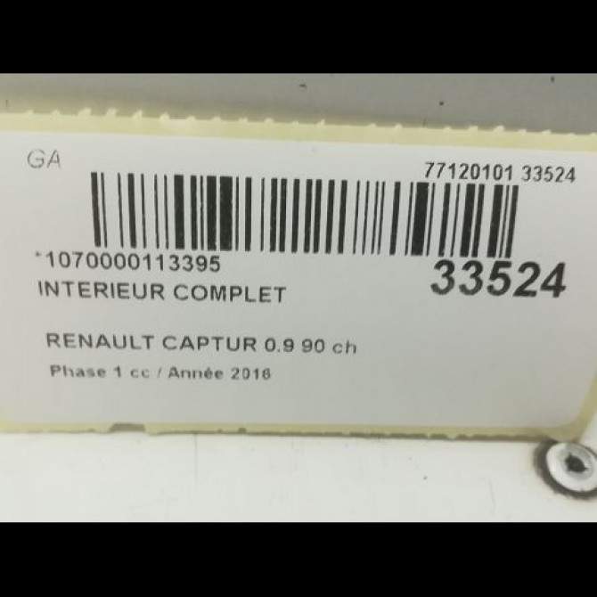 Interieur complet occasion RENAULT CAPTUR Phase 1 02-2013->... 0.9 90 ch 5