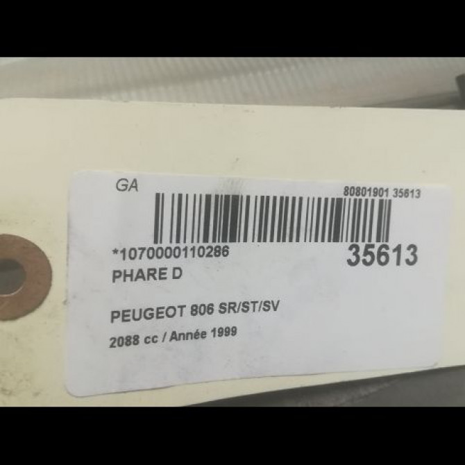 Phare droit occasion PEUGEOT 806 Phase 1 06-1994->12-2001 2.1 TD 110ch 6205T5 3