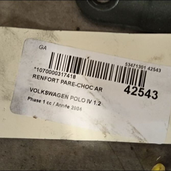 Renfort pare-choc arrière occasion VOLKSWAGEN POLO IV Phase 1 01-2002->05-2005 1.2 55ch 6QE807305 5