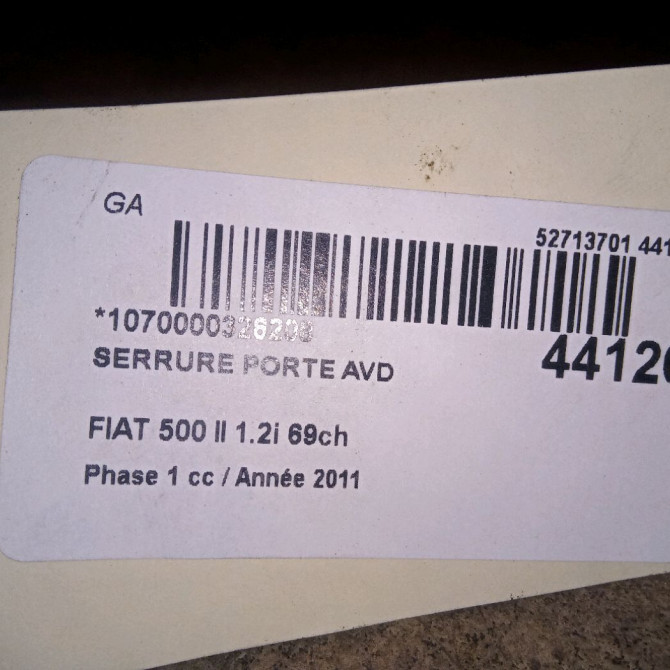 Serrure porte avd occasion FIAT 500 II 500 II Phase 1 2007-07-01->2016-03-31 1.2i 69ch 52191860 3