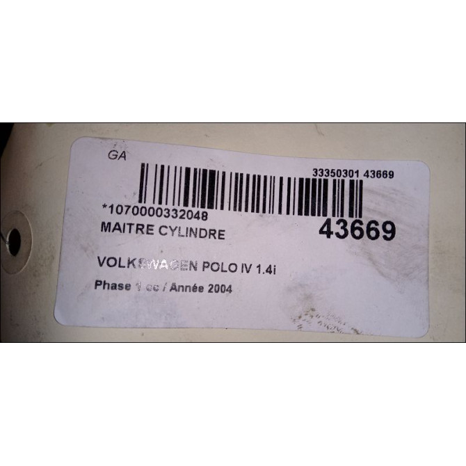 Maitre cylindre occasion VOLKSWAGEN POLO IV Phase 1 01-2002->05-2005 1.4i 75ch 6Q0611019Q 2