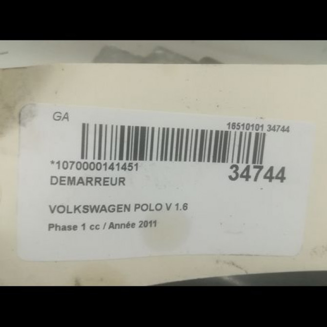 Démarreur occasion VOLKSWAGEN POLO V POLO V Phase 1 2009-09-01->2014-05-31 1.6 TDI 90 2Z911024K 4