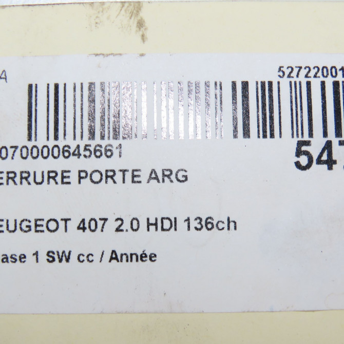 Serrure porte arg occasion PEUGEOT 407 Phase 1 04-1995->04-1999 2.0 HDI 136ch 9137Q8 8