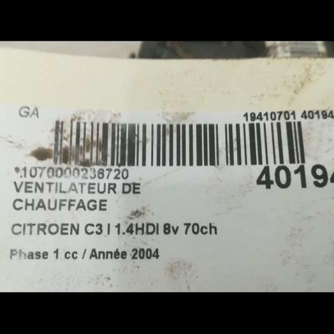 Ventilateur de chauffage occasion CITROEN C3 I Phase 1 04-2002->10-2005 1.4HDI 8v 70ch 6441Q6 3