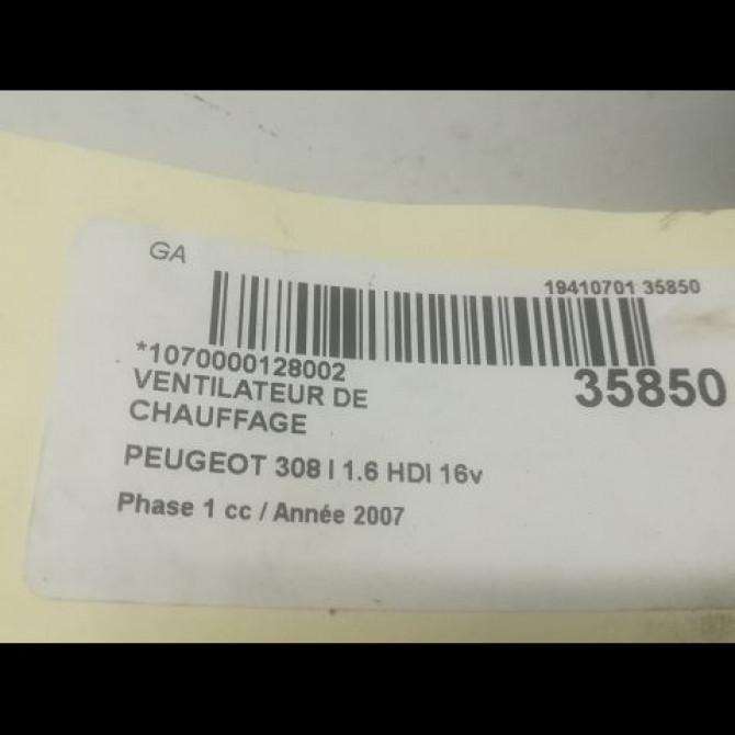 Ventilateur de chauffage occasion PEUGEOT 308 I Phase 1 09-2007->03-2011 1.6 HDI 16v 110ch 6441Z7 3