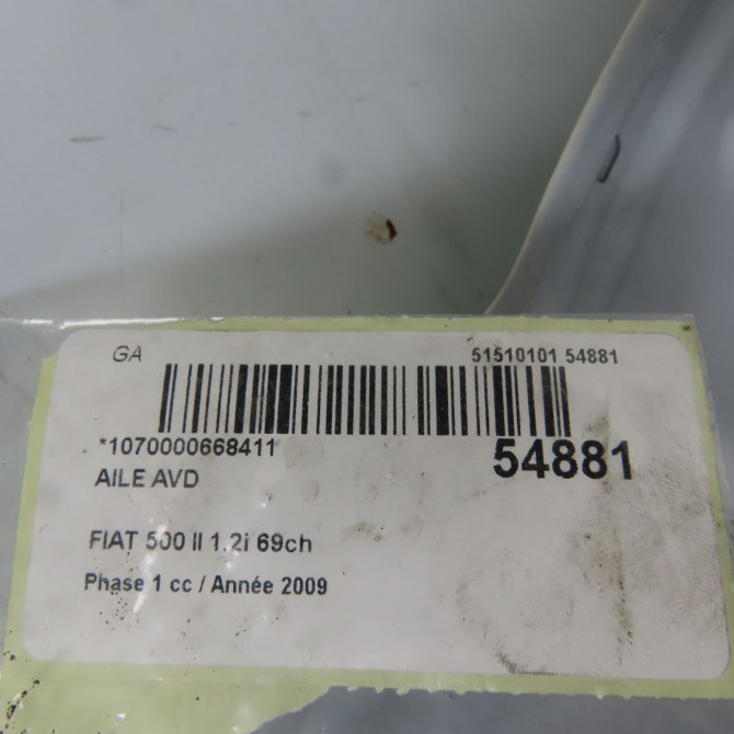 Aile avant droite occasion FIAT 500 II 500 II Phase 1 2007-07-01->2016-03-31 1.2i 69ch 52015755 6