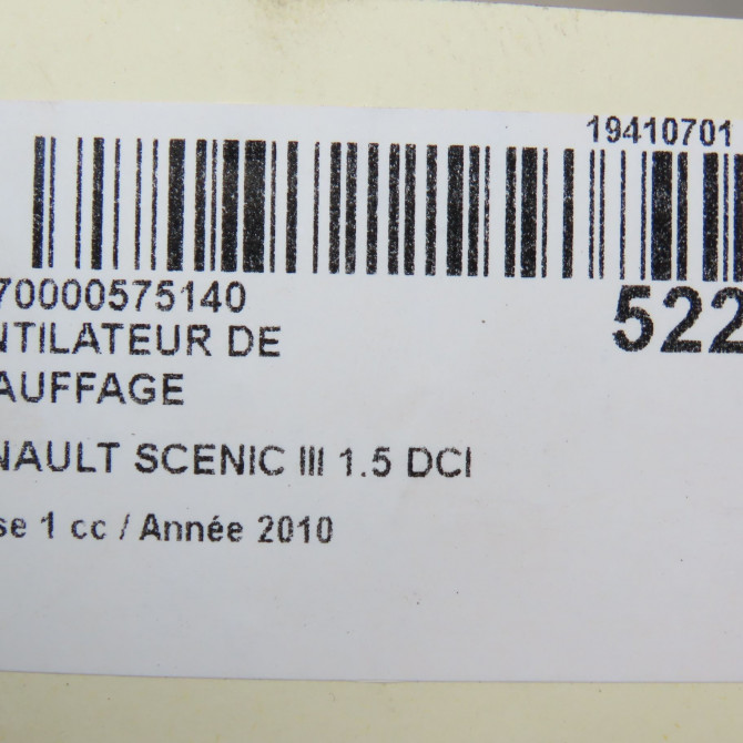 Ventilateur de chauffage occasion RENAULT SCENIC III Phase 1 04-2009->11-2011 1.5 DCI 110ch 272109961R 5