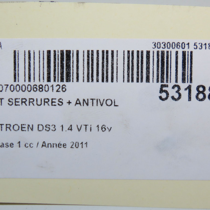 Kit serrures + antivol occasion CITROEN DS3 Phase 1 11-2009->03-2014 1.4 VTi 16v 95ch 9806016180 6